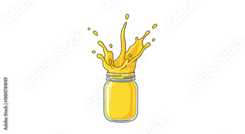 A dynamic splash of fresh, vibrant orange juice erupting from a classic mason jar, conveying refreshment and energy.