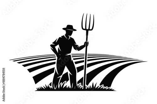 Farmer with pitchfork in field, agriculture concept