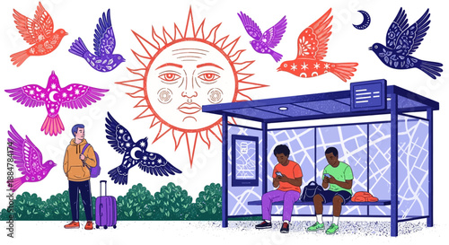 Travelers waiting at bus stop on a sunny day surrounded by birds and vibrant illustrations