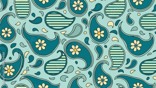 A serene illustration of floral patterns and paisley designs in teal and cream hues from a direct viewpoint
