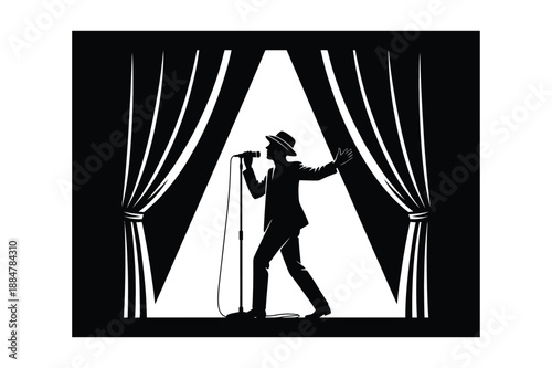 Singer on stage under spotlight with curtains, performance