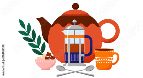 A vibrant teapot and tea accessories arranged on a surface with a tea infuser and cups, cplus illustration style.