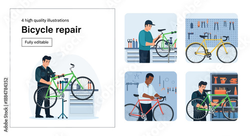 Mechanic repairing bicycle in a workshop with various tools and bicycles around, viewed from the side.