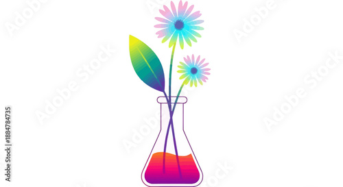 Colorful flowers and leaves in a laboratory flask, symbolizing science and nature fusion