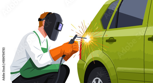 Mechanic in protective gear welding a green vehicle in a workshop from a crouched viewpoint