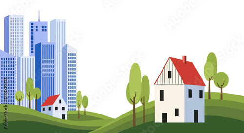 Houses and buildings surrounded by trees in a green landscape with cityscape in the background