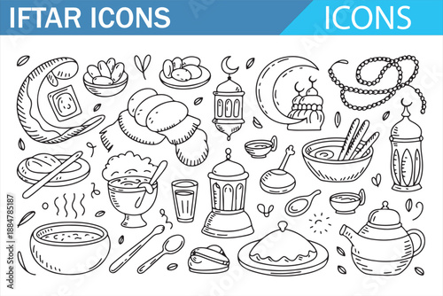 Wallpaper Mural Ramadan Iftar Meal Doodle Icons Collection in Black and White Outline Illustration Torontodigital.ca
