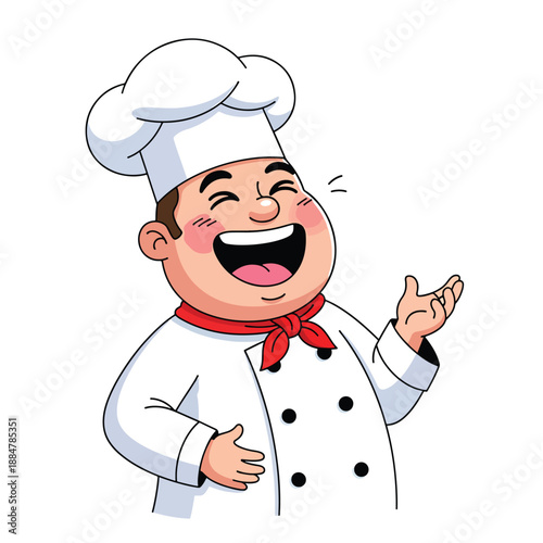 Joyful cartoon chef character laughing heartily with expressive hands, isolated vector illustration.