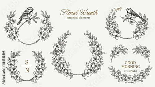 Floral wreaths with birds and flowers in a serene environment viewed from the front