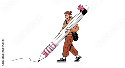 Man holding giant pencil and walking, illustration of creative person
