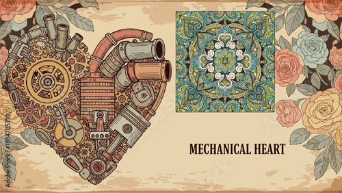 Intricate Mechanical Heart with Gears and Floral Patterns in Steampunk Artwork