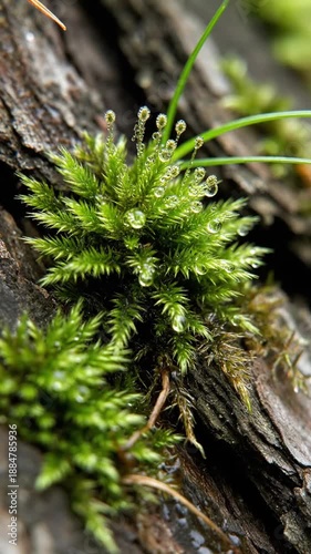 Macro Photography of Green Moss and Bark Texture, A Detailed Nature Scene Close Up