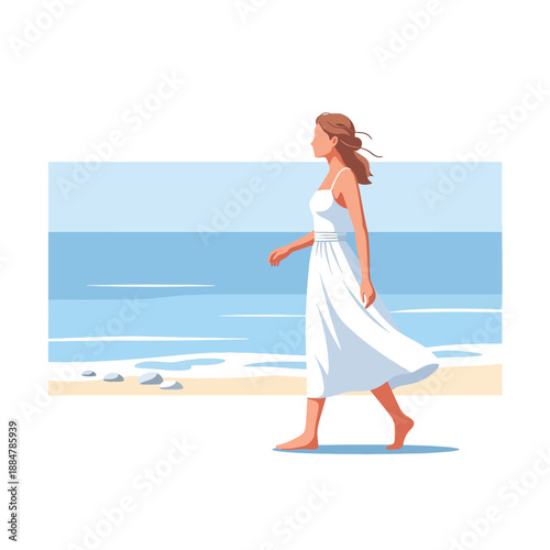 Vector illustration of a woman walking barefoot on a tranquil beach by the ocean, side view