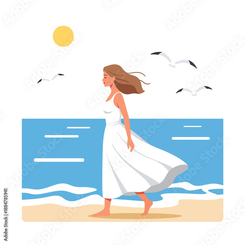 Elegant woman walking barefoot on a sunny beach with seagulls flying, serene vector scene