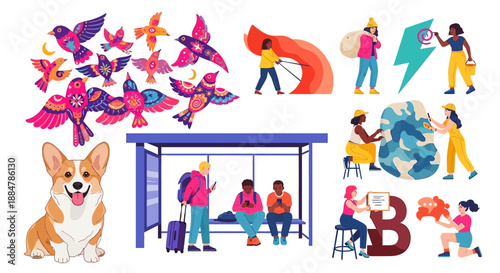 Vibrant community scene with people at bus stop and various activities around, illustrated characters, diverse lifestyle, cplus concept art