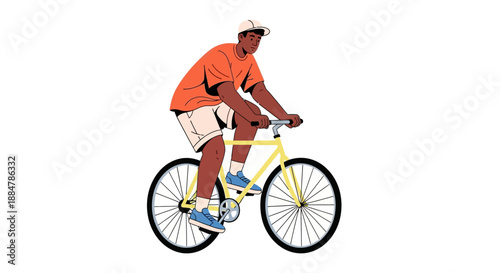 A man riding a bicycle in a leisurely pace outdoors on a clear day with a plain background from a side viewpoint