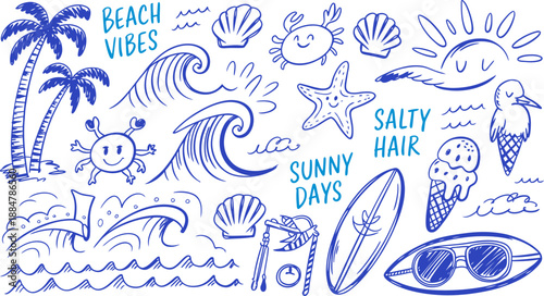 Energetic blue doodle collage of summer beach vibes, featuring waves, palm trees, sun, surfboard, and vacation icons