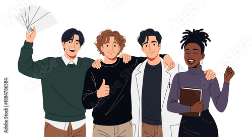 Group of diverse young adults celebrating success with gestures of joy and triumph