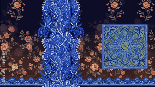 Intricate blue floral pattern illustration with cplus elements and ornate details in a decorative art piece