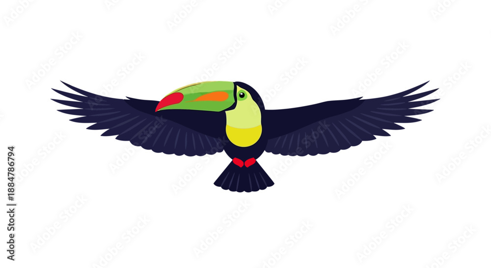 Fototapeta premium A colorful toucan in flight, showcasing vibrant plumage and distinctive beak from a side view.