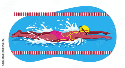 Female swimmer in pink swimsuit and yellow cap diving into blue water with red stripes