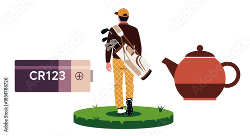 Golfer standing on grass with golf clubs and a tea pot beside a mysterious box
