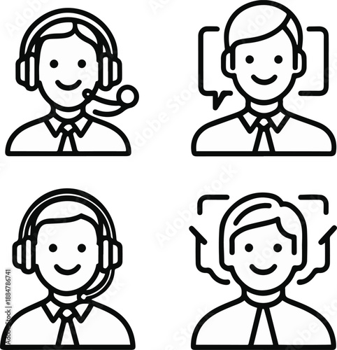 headset agent, help center, live chat, feedback rating, clean black and white line art, vector style, consistent stroke width, minimal design