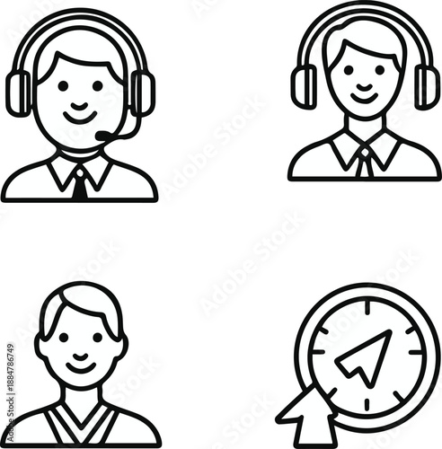  headset agent, help center, live chat, feedback rating, clean black and white line art, vector style, consistent stroke width, minimal design 3