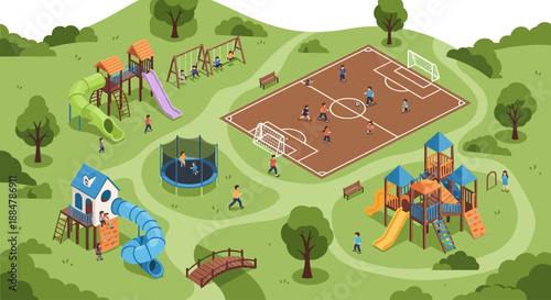 Children playing at a vibrant playground with sports facilities and recreational areas in a lush green park environment