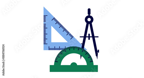 Geometric instruments arranged on a flat green base from a straightforward viewpoint