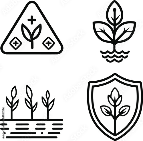 pesticide warning, organic farming leaf, irrigation system, crop protection shield, clean black and white line art, vector style, consistent stroke width, minimal design 1.