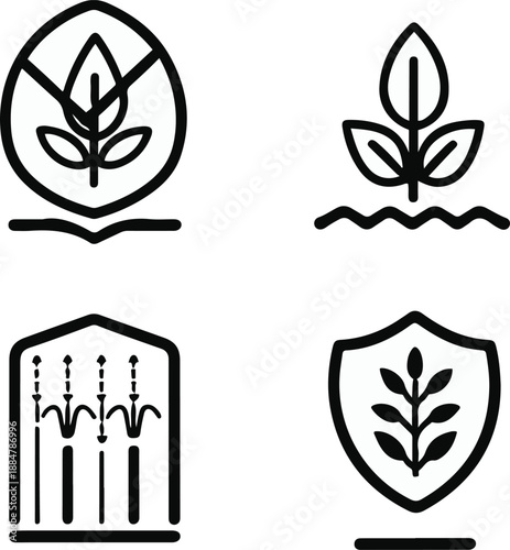  pesticide warning, organic farming leaf, irrigation system, crop protection shield, clean black and white line art, vector style, consistent stroke width, minimal design 3