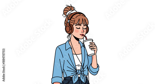 A young woman wearing headphones and holding a cup, standing in a relaxed pose, captured from a slightly angled viewpoint.