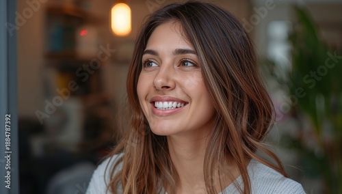 Wallpaper Mural Young Woman Smiles While Sitting Indoors in a Bright and Cozy Cafe With Plants Around Her Torontodigital.ca