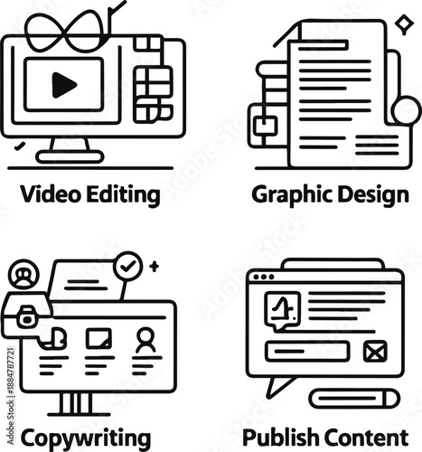 video editing, graphic design, copywriting, publish content, clean black and white line art, vector style, consistent stroke width, minimal design 2