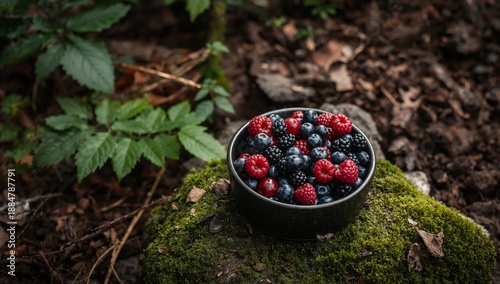 Berries Sit in a Bowl on a Rock Surrounded by Plants in a Forest Setting Duri...
