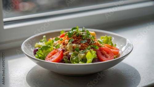 Fresh Salad With Tomatoes and Greens on a Table by the Window, Light Shining ...