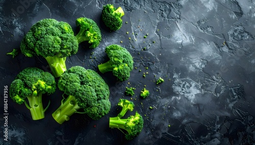 Fresh green broccoli florets on dark stone background