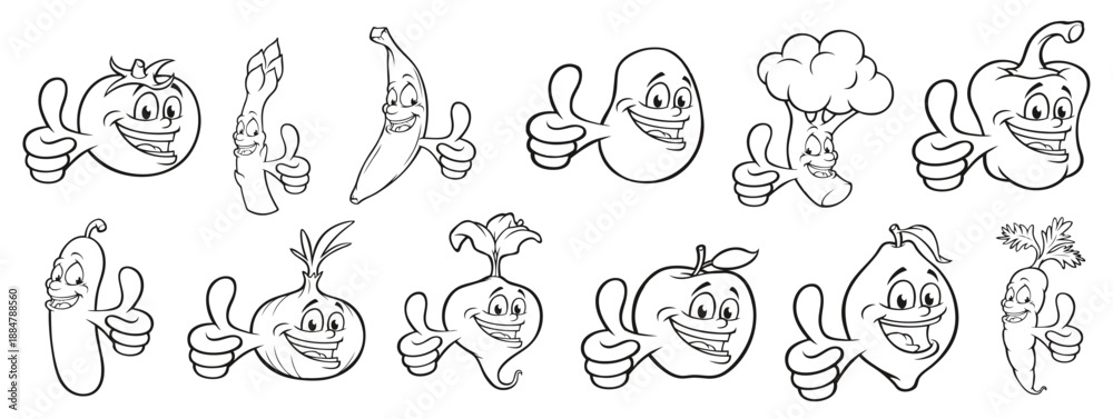 Fototapeta premium Whimsical Vegetables Collection: A playful assortment of black-and-white vegetable characters with cheerful expressions and thumbs-up gestures, promoting healthy eating habits.