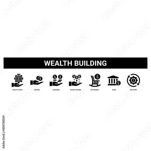 Wealth Building web banner icon set collection solid style.