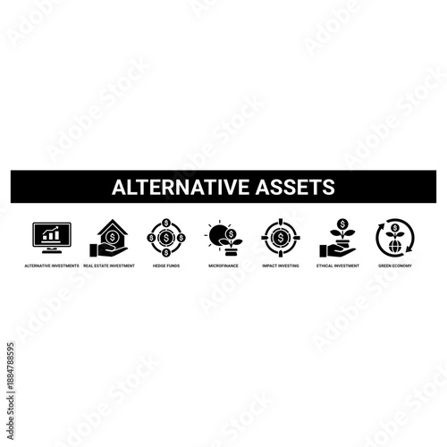 Alternative Assets web banner icon set collection solid style.