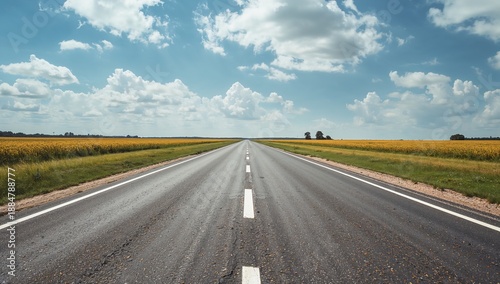 Open Road Stretches Across Flat Landscape Under Clear Blue Sky in a Rural Are...