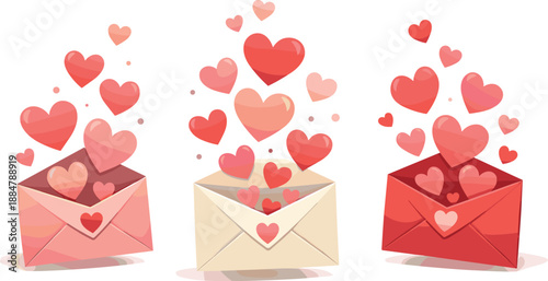 Romantic Love Letters. Sealed envelopes releasing soft heart shapes in a gentle romantic flow, modern flat vector illustration