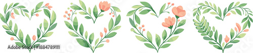 Botanical Heart Art. Heart shapes formed from intertwined leaves and delicate botanical elements, modern flat vector illustration