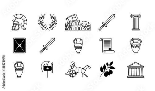 Ancient Rome line icons set with editable stroke for historical education and cultural design projects