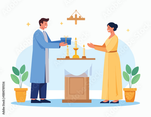 Christian priest and woman performing Holy Communion at an altar, representing faith, worship, and religious ceremony.