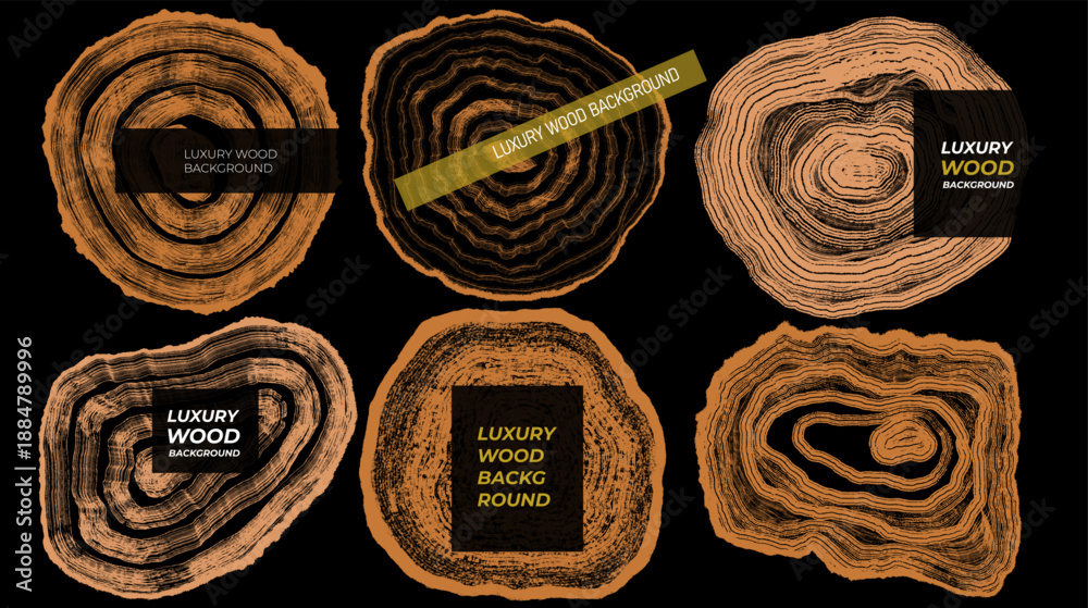 Naklejka premium Set of luxury golden background with vector wood annual rings texture. Wooden pattern on black and bronze marble background. Banner with tree trunk section stamp and concentric circles.