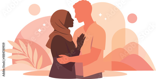 Diverse Love Silhouettes. Diverse couple silhouettes of different backgrounds standing together with warmth and mutual respect,