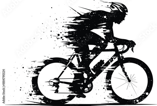 Cyclist silhouette racing bicycle in grunge speed motion style, dynamic road cycling action, endurance sport illustration, powerful athletic energy isolated on white
