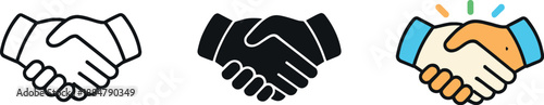 Handshake Symbol Trio. Three matching handshake symbols convey partnership expansion and mutual advancement through cooperative